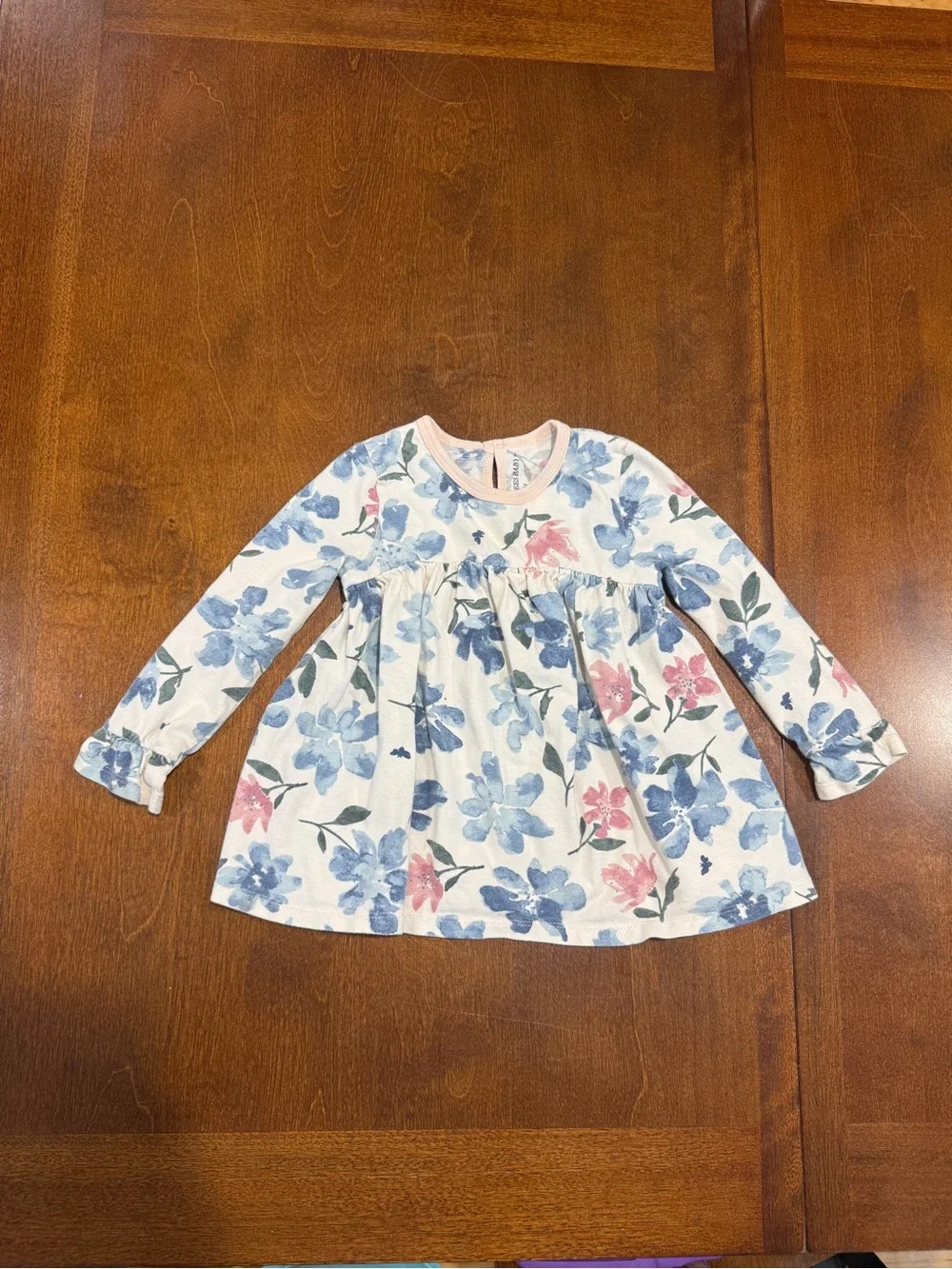 Burt's Bees Baby Floral Long Sleeve Shirt Dress in White, Blue & Pink
